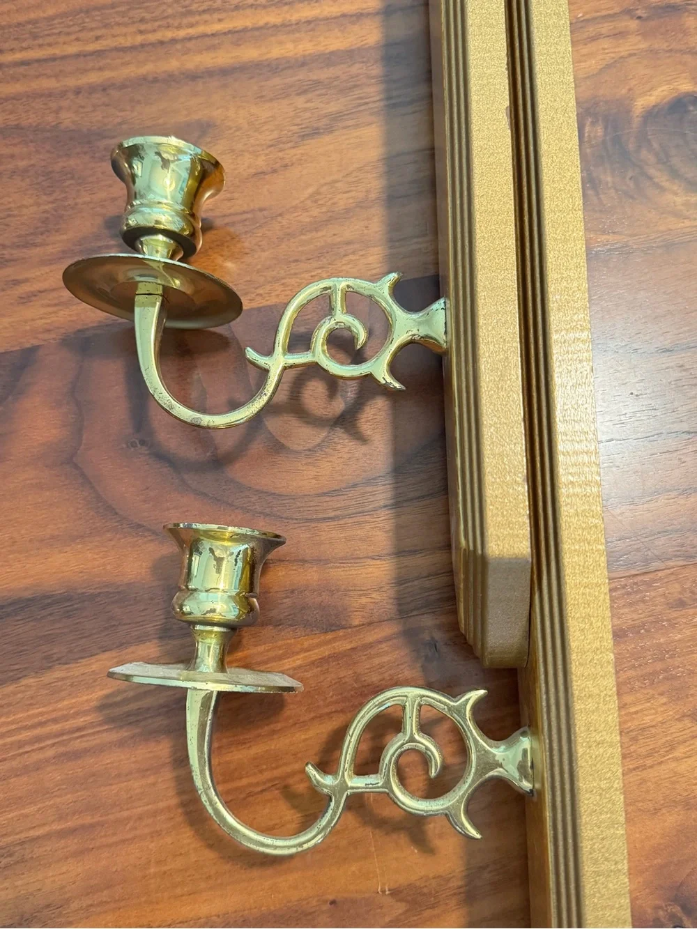 Vintage Set of 2 Home Interiors Gold Wall Scones, Wood & Brass Candle Holders